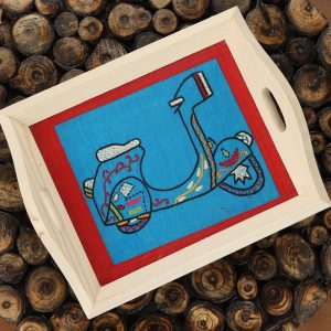 INDHA Handcrafted Wooden Tray Hand Embroidered Multicolor Lambretta Scooter Design