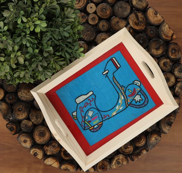 INDHA Handcrafted Wooden Tray Hand Embroidered Multicolor Lambretta Scooter Design
