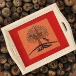 INDHA Handcrafted Wooden Tray Hand Embroidered Multicolor Tree Design