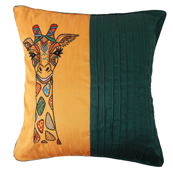 INDHA Cushion Cover | Teal Green and Golden Yellow Dupion Silk Cushion Cover | Hand Embroidered Chain Stitch And Kantha Work Multicolor Giraffe Face Design | Hand Embroidered Cushion Cover | Throw Cushion Cover | Home Furnishing | Home Décor | Gifting | Corporate Gifting | Festive Décor | Home Improvement | Handmade Décor