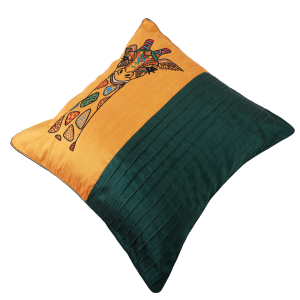 INDHA Cushion Cover Teal Green and Golden Yellow Dupion Silk Cushion Cover Hand Embroidered Chain Stitch And Kantha Work Multicolor Giraffe Face Design Hand Embroidered Cushion Cover