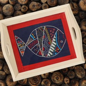 INDHA Handcrafted Wooden Tray Hand Embroidered Multicolor Fish Design