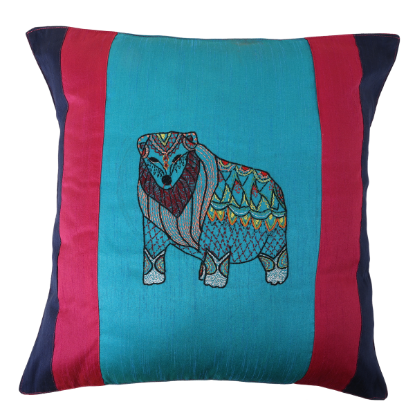 INDHA Cushion Cover | Blue, Pink, and Navy Blue Dupion Silk Cushion Cover | Hand Embroidered Chain Stitch and Kantha Work Multicolor Jungle Bear Design | Hand Embroidered Cushion Cover | Throw Cushion Cover | Home Furnishing | Home Décor | Gifting | Corporate Gifting | Festive Décor | Home Improvement | Handmade Décor