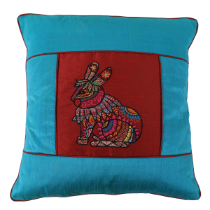 INDHA Cushion Cover Sky Blue And Maroon Dupion Silk Cushion Cover Hand Embroidered Chain Stitch And Kantha Work Multicolor Rabbit Design