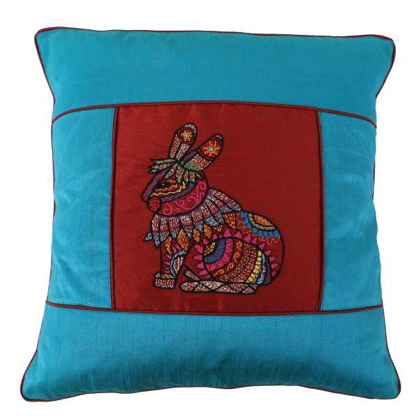 INDHA Cushion Cover | Sky Blue And Maroon Dupion Silk Cushion Cover | Hand Embroidered Chain Stitch And Kantha Work Multicolor Rabbit Design | Hand Embroidered Cushion Cover | Throw Cushion Cover | Home Furnishing | Home Décor | Gifting | Corporate Gifting | Festive Décor | Home Improvement | Handmade Décor | Set of 2,16×16 Inches Cushion Cover