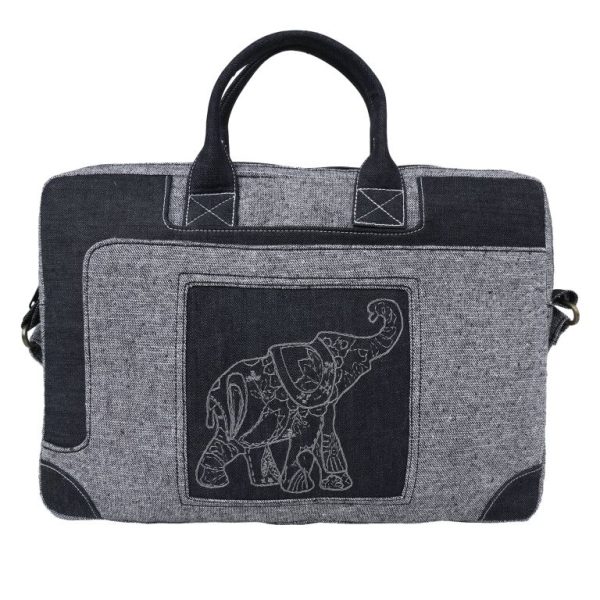 INDHA Laptop Bag | Grey Cotton Laptop Bag | Black Denim Laptop Bag | Hand Embroidered Chain Stitch and Kantha Work Grey Elephant Design | 16 Inch Laptop Bag | Water Resistant Laptop Bag | Corporate Gifting | Gifting | Men And Women Laptop Bag | Laptop Travel Bag | Travel Utility | Office Bag | Eco-Friendly Bag