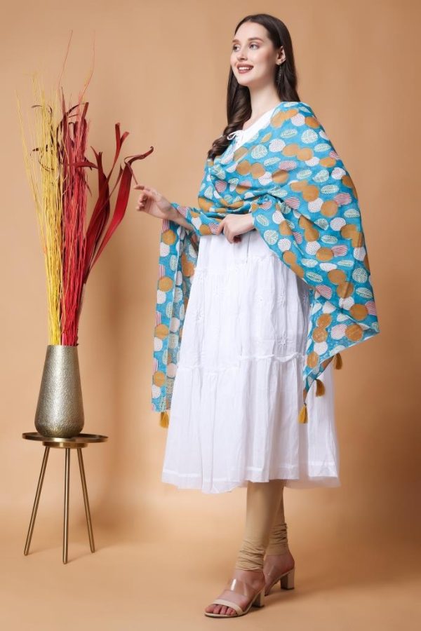 INDHA Stole Blue Cotton Stole Hand Block Printed Multicolor Abstract Geometric Design Pattern