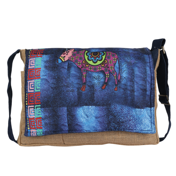 INDHA Laptop Bag | Natural Jute Laptop Bag | Blue Poly Canvas Laptop Bag | Digital Printed Multicolor Cow Design | 15 Inch Laptop Bag | Water Resistant Laptop Bag | Corporate Gifting | Gifting | Men And Women Laptop Bag | Laptop Travel Bag | Travel Utility | Office Bag | Eco-Friendly