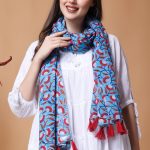 INDHA Stole Sky Blue Cotton Stole Hand Block Printed Red And White Flower Design Moti