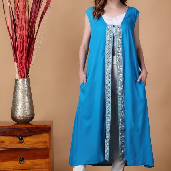 Indha Shrug | Blue Rayon Shrug | Sleeveless Shrug | Shrugs For Women | Traditional Shrugs | Gifting | Fashion Wear | Indo Western Shrug | Fashion Apparel | Ethnic