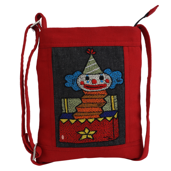 Indha Hand-embroidered Sling bag |Memorable Clown Motif |Red Canvas & Black Denim |9 to 12 Year Old|Young Trend Setter |Weekend Outing Bag