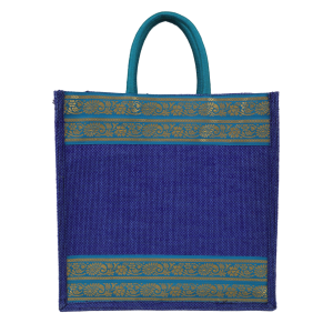 Jute Gift Bag Blue With Lace Border
