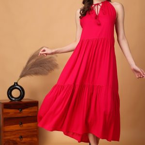 Indha Women Solid Flared Pink Dress  | Long Dress | Rayon Dress -XL