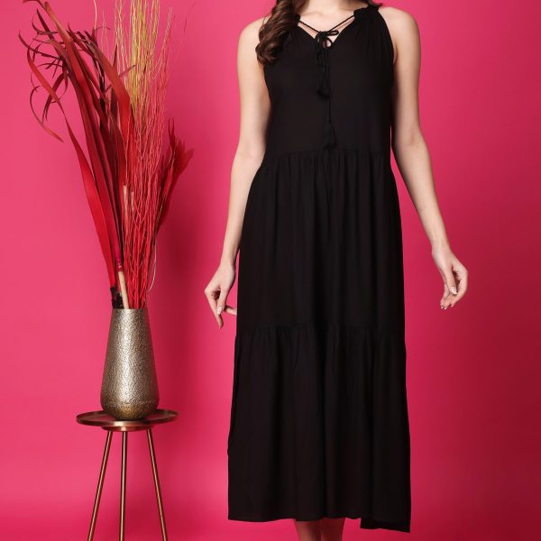 Indha Women Solid Flared Black Dress  | Long Dress | Rayon Dress -XL