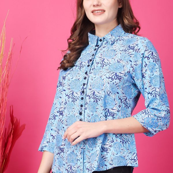 Indha Block Printed Azure Rayon Casual Shirt Collar 3/4th Sleeves Formal Wear Shirt For Women’s-XL