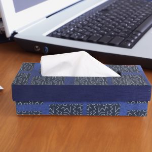 Indha Tissue Box | Handcrafted Tissue Box Black & Blue | Black & Blue Dupion Silk Tissue Box | White And Blue Abstract Line Pattern Design Digitally Printed | 50 Papers Tissue Box | Gifting | Corporate Gifting | Office Employee Gifting | Home Utility | Office Utility | Car Utility | Utility Product | Handmade | Home Decor | Kitchen And Dining