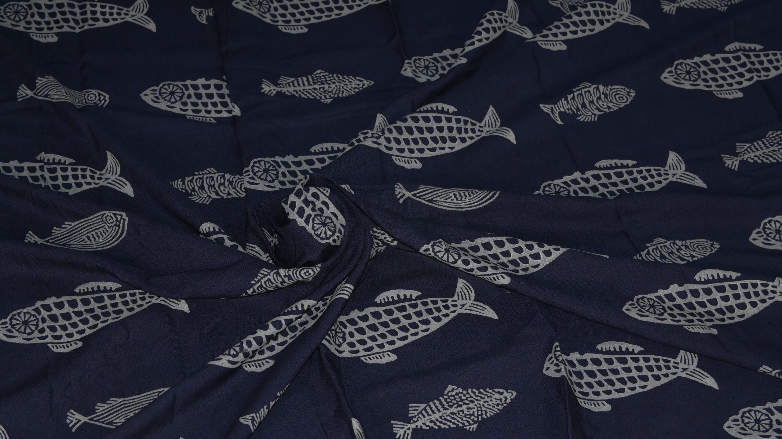 Hand Block Printed Jaipuri Cotton Fabric Blue Fishes