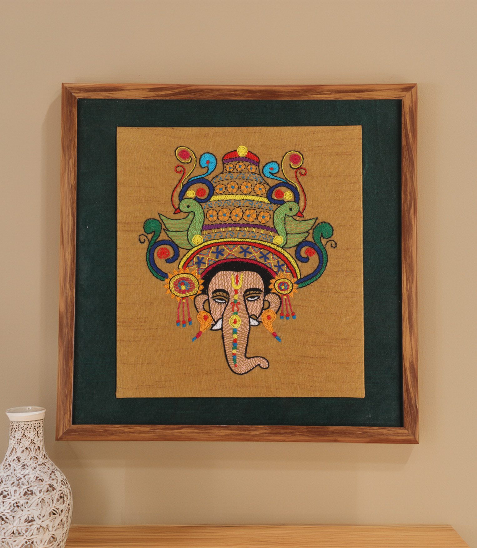 Get INDHA Wood Wall Decor Gift Ganesh Face Embroidery