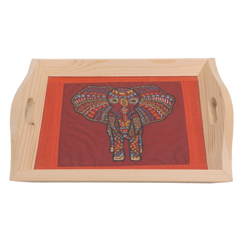 Handmade Wooden Tray Elephant-Embroidery (made with pine wood)