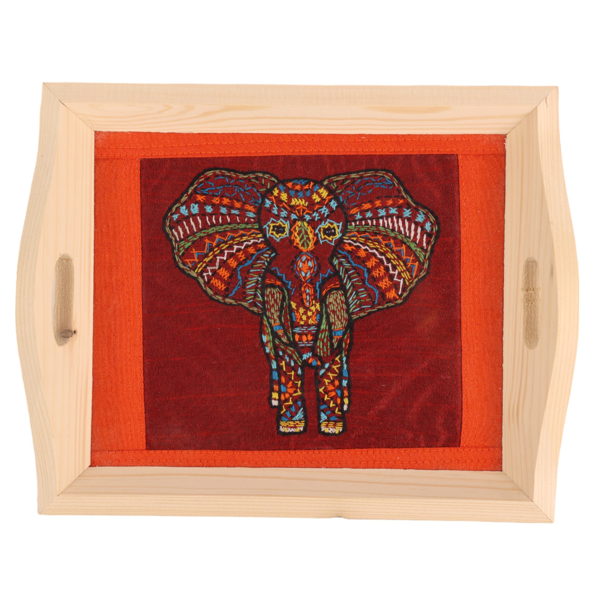 Get INDHA Handmade Wooden Tray Elephant-Embroidery