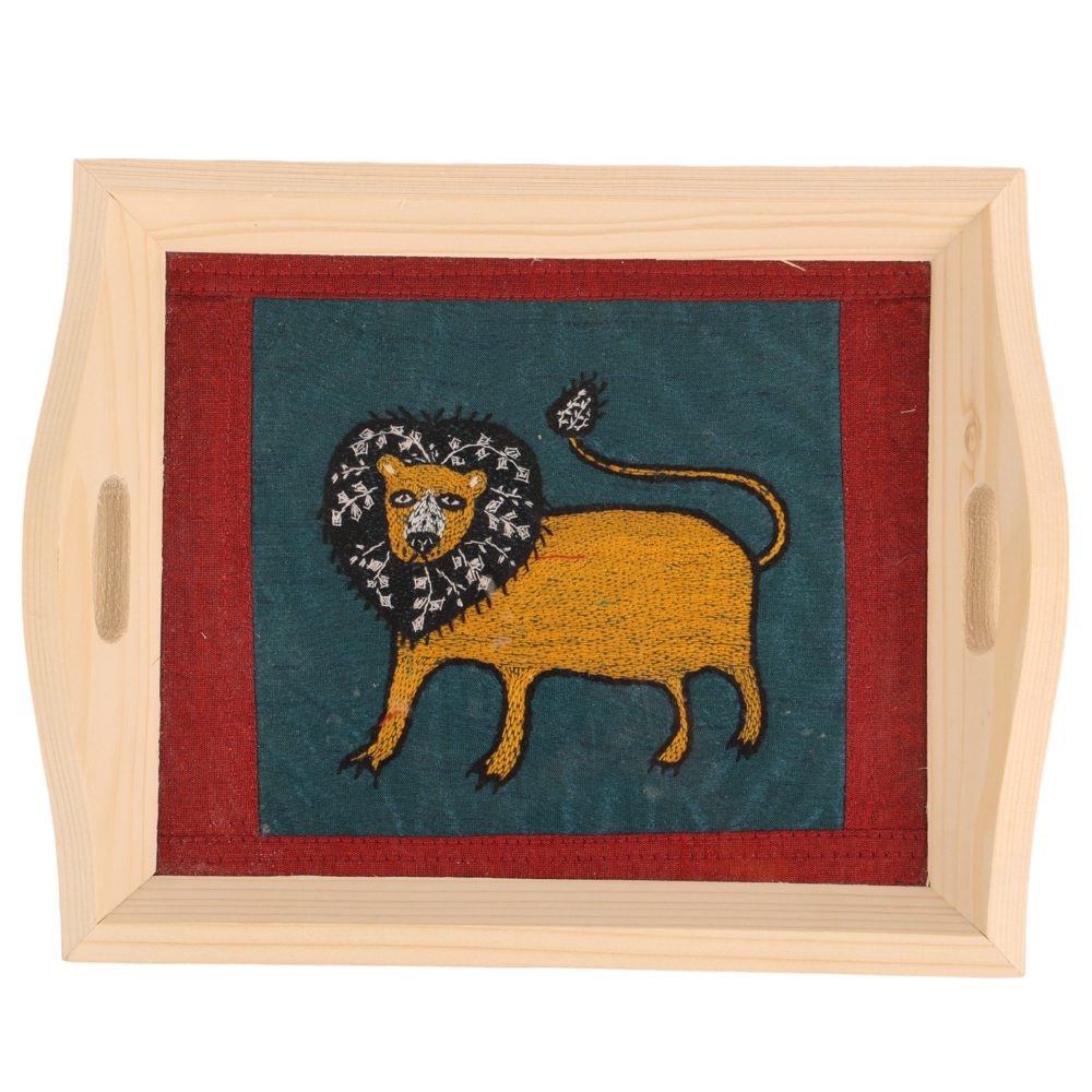 Get INDHA Handmade Wooden Tray Lion Embroidery