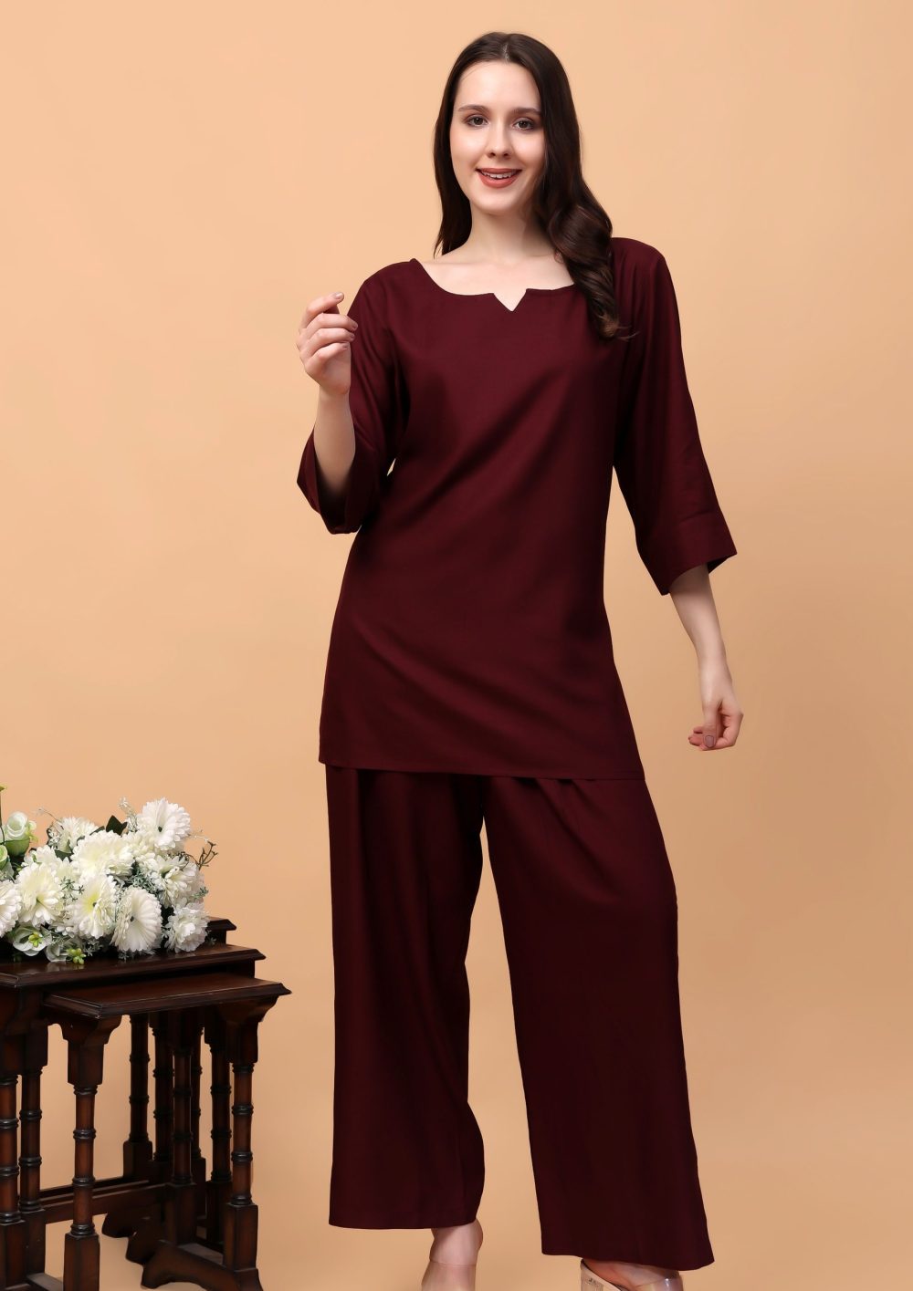 Indha Maroon Cotton Ladies Two Piece Coord Set