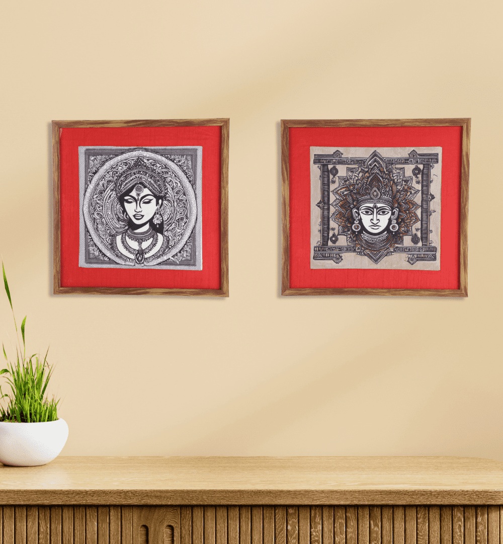 Indha Ethnic Wooden Wall Decor with mixed media art Raja & Rani